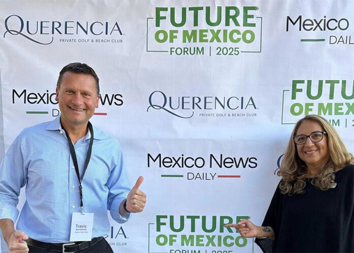 Travis and Tamanna Bembenek stand smiling in front of a banner reading Mexico News Daily, Querencia and Future of Mexico