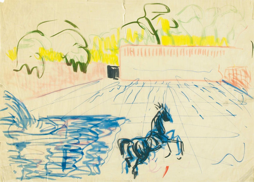 A sketch of the courtyard of Luis Barragán’s La Cuadra San Cristóbal estate