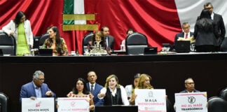 Members of the Mexican Chamber of Deputies hold signs related to the ban on GM corn reading "Somos los hijos del maiz"