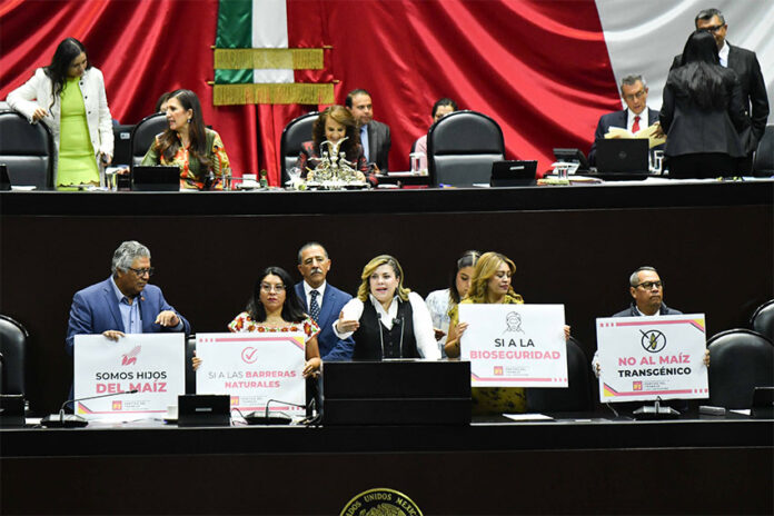 Members of the Mexican Chamber of Deputies hold signs related to the ban on GM corn reading 