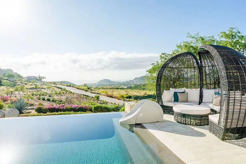 A view of the Baja California Sur mountains behind a Querencia pool and deck near Los Cabos, where MND's Future of Mexico Forum was held