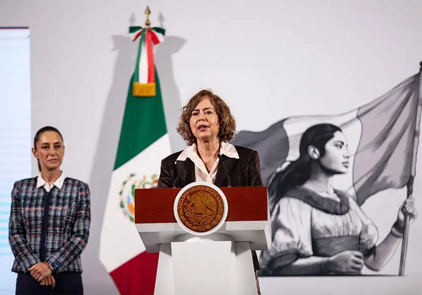 Science Minister Rosaura Ruiz speaks at a podium to announce the Mexican government's new semiconductor industry initiative