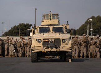 U.S. troops and a tank at a San Diego Border Patrol station in late January.