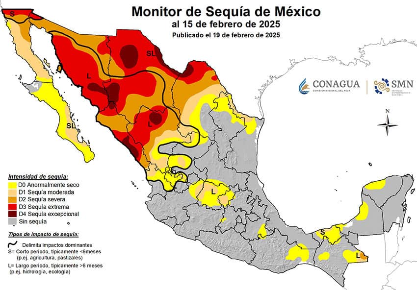 A Conagua map showing elevated drought levels in northwest Mexico