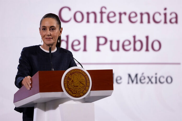 President Claudia Sheinbaum at her morning press conference, where she discussed the idea that US gunmakers might be cartel terrorism accomplices under the new US declaration