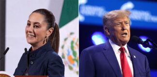 Two photos, one of Mexican President Claudia Sheinbaum and another of U.S. President Donald Trump, who said Sheinbaum inspired his new anti-drug campaign