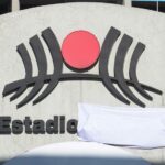 The logo and sign for Estadio Azteca (Aztec Stadium) in Mexico City, with the word "Azteca" covered with a white tarp.