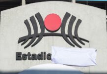 The logo and sign for Estadio Azteca (Aztec Stadium) in Mexico City, with the word "Azteca" covered with a white tarp.