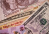 Close up images of Mexican peso bills of various denominations along with a US five dollar bill