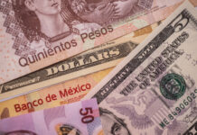 Close up images of Mexican peso bills of various denominations along with a US five dollar bill