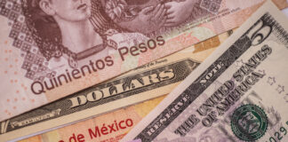 Close up images of Mexican peso bills of various denominations along with a US five dollar bill