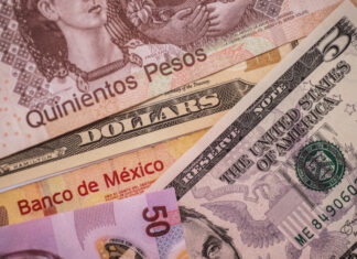 Close up images of Mexican peso bills of various denominations along with a US five dollar bill