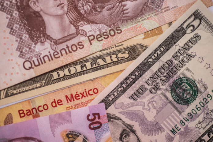 Close up images of Mexican peso bills of various denominations along with a US five dollar bill