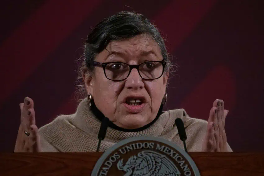 Closeup photo of Teresa Guadalupe Reyes Sahagún, head of Mexico's National Search Commission. She is speaking into a microphone on a podium and gesturing in the air with both hands at the sides of her shoulders. She is middle aged with black, graying hair and wears black glasses.