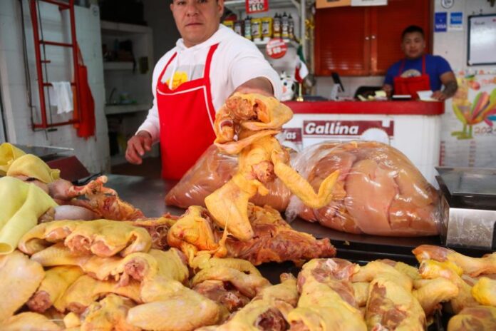 The average price per kilo of a whole chicken in a public market rose from 52.60 pesos (US $2.57) in February 2024, to 75.20 (US $3.57) in February 2025. 