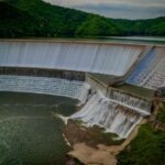 An aerial shot of a dam in Rosario, Sinaloa, in Mexico