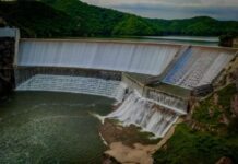 An aerial shot of a dam in Rosario, Sinaloa, in Mexico