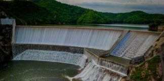 An aerial shot of a dam in Rosario, Sinaloa, in Mexico