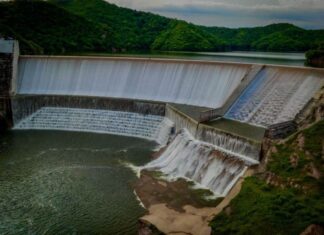 An aerial shot of a dam in Rosario, Sinaloa, in Mexico