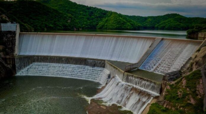 An aerial shot of a dam in Rosario, Sinaloa, in Mexico