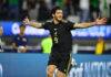 Mexican soccer player Raúl Jiménez celebrates goal