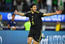 Mexican soccer player Raúl Jiménez celebrates goal