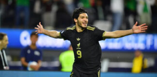 Mexican soccer player Raúl Jiménez celebrates goal
