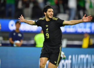Mexican soccer player Raúl Jiménez celebrates goal