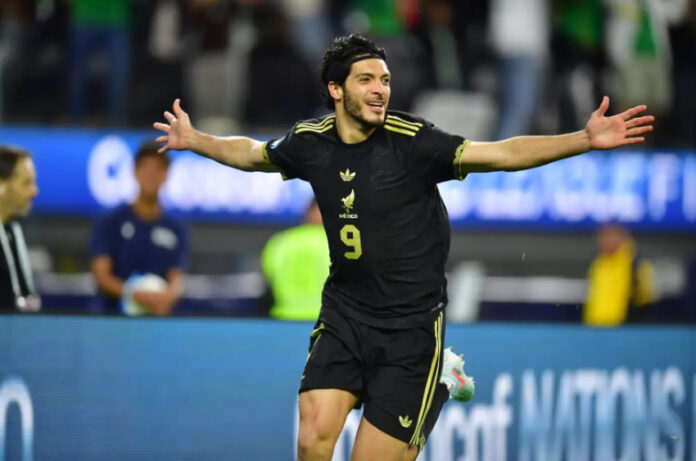 Mexican soccer player Raúl Jiménez celebrates goal