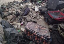 Dusty, abandoned backpacks and shoes at a secret crematorium in Jalisco