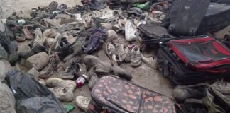 Dusty, abandoned backpacks and shoes at a secret crematorium in Jalisco