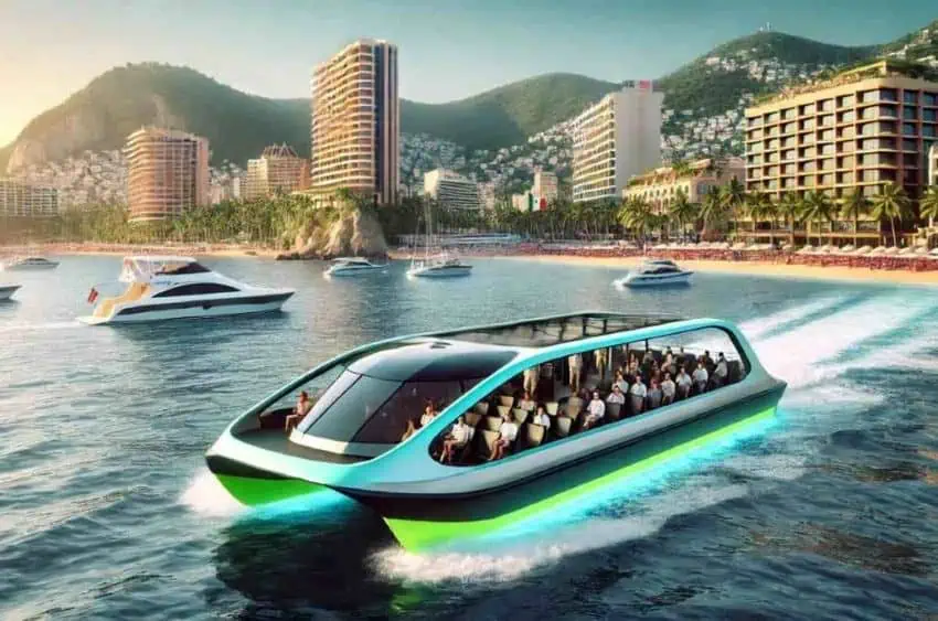 A rendered photo of the Bay of Acapulco with several ships on the water and in the foreground a ferry boat with several rows of passengers in chairs traveling in the ferry.