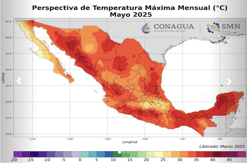 The highest temperatures forecast for May 2025 across Mexico. 