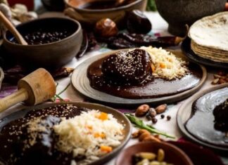 A table filled with mole dishes in Pachuca, Hidalgo.