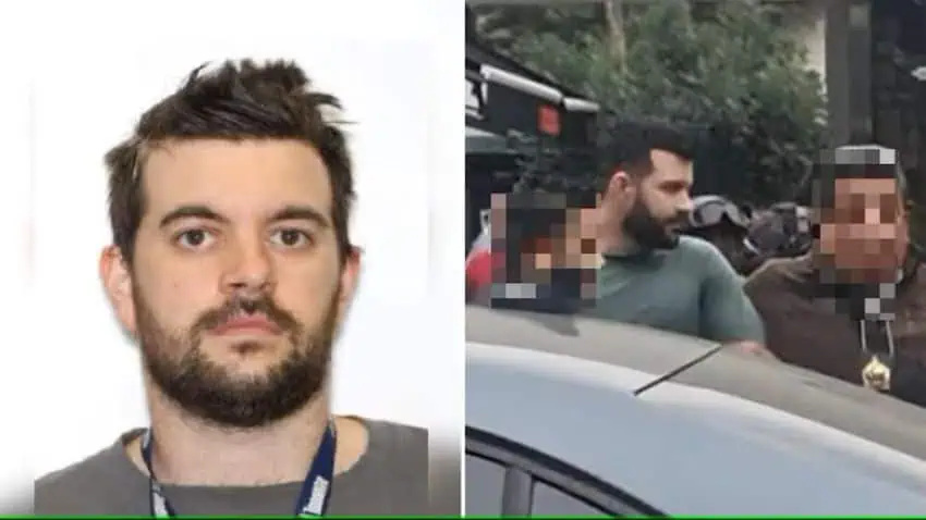 Side by side photos, the left of a middle-aged man with a mustache and close-cropped beard, brown hair. He is staring directly into the camera. The right photo shows the same man being arrested by Mexican authorities, whose faces are digitally blurred out.