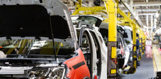 Car assembly line in a factory