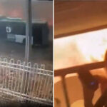 Two video screenshots, one of a Monterrey bus with flames in the background and another of a passenger inside a bus, with wildfire flames outside the window