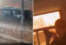 Two video screenshots, one of a Monterrey bus with flames in the background and another of a passenger inside a bus, with wildfire flames outside the window