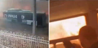 Two video screenshots, one of a Monterrey bus with flames in the background and another of a passenger inside a bus, with wildfire flames outside the window