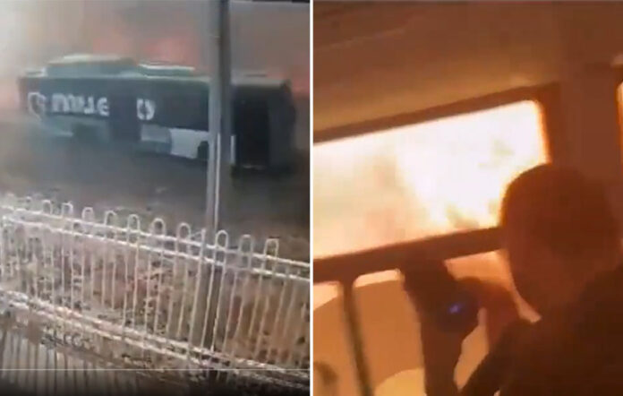 Two video screenshots, one of a Monterrey bus with flames in the background and another of a passenger inside a bus, with wildfire flames outside the window