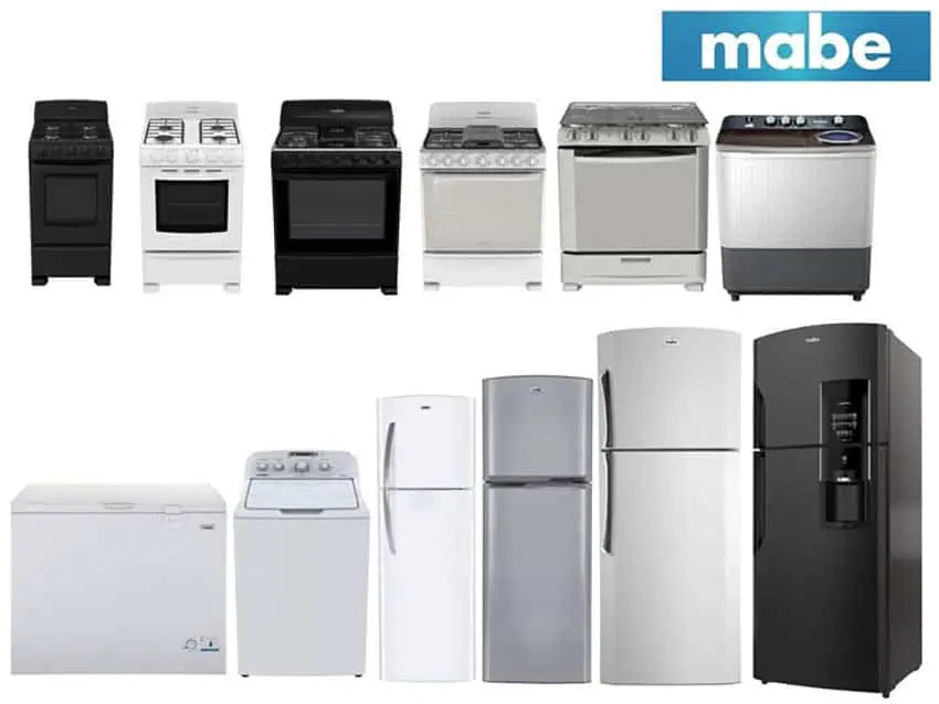 Mabe stoves and dryers next to an image of the Mabe company logo