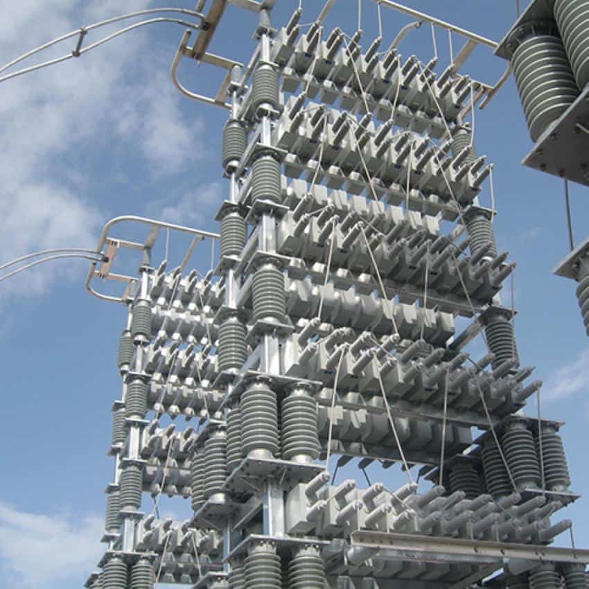 An electricity capacitor bank at an electrical substation