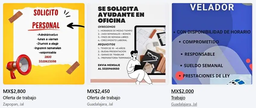 Facebook Marketplace job recruitment ads in Spanish for a night security guard (velador) and other jobs.