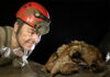 Muddy man wearing headlamp and helmet approaches skull of cave bear against dark background
