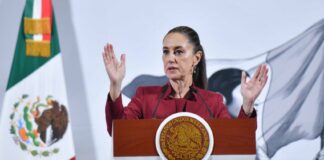 Mexican President Claudia Sheinbaum talking to reporters during her daily press conference. She's standing at the presidential podium with her arms up and at her sides, her palms facing the camera.