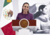 President Sheinbaum stands at a podium during her morning press conference