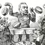 A political cartoon depicting Porfirio Diaz throwing bread
