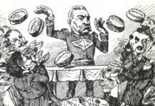 A political cartoon depicting Porfirio Diaz throwing bread