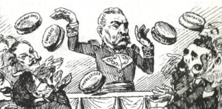 A political cartoon depicting Porfirio Diaz throwing bread