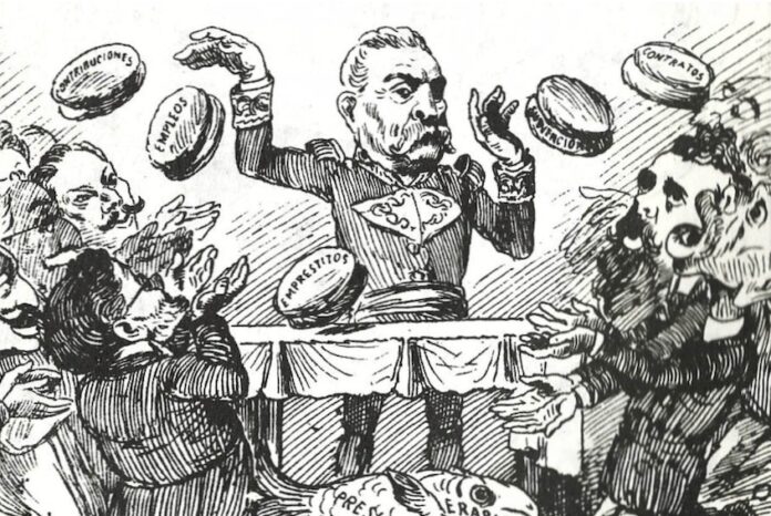 A political cartoon depicting Porfirio Diaz throwing bread